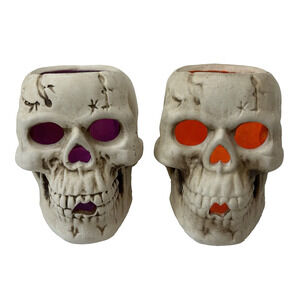 Skulls Ceramic Tea Candle Holders Set of 2 Orange/Purple Halloween Horror Goth